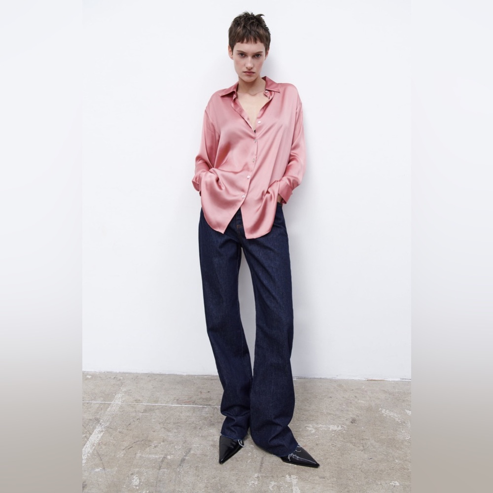 ZARA Satin Effect Oversized Loose Collared Button Down Dolman Sleeve Blouse Pink - Picture 4 of 14